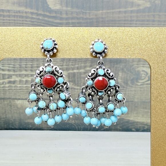 Unbranded Jewelry - 925 Sterling Silver Turquoise and Coral Stone Dangle Earrings